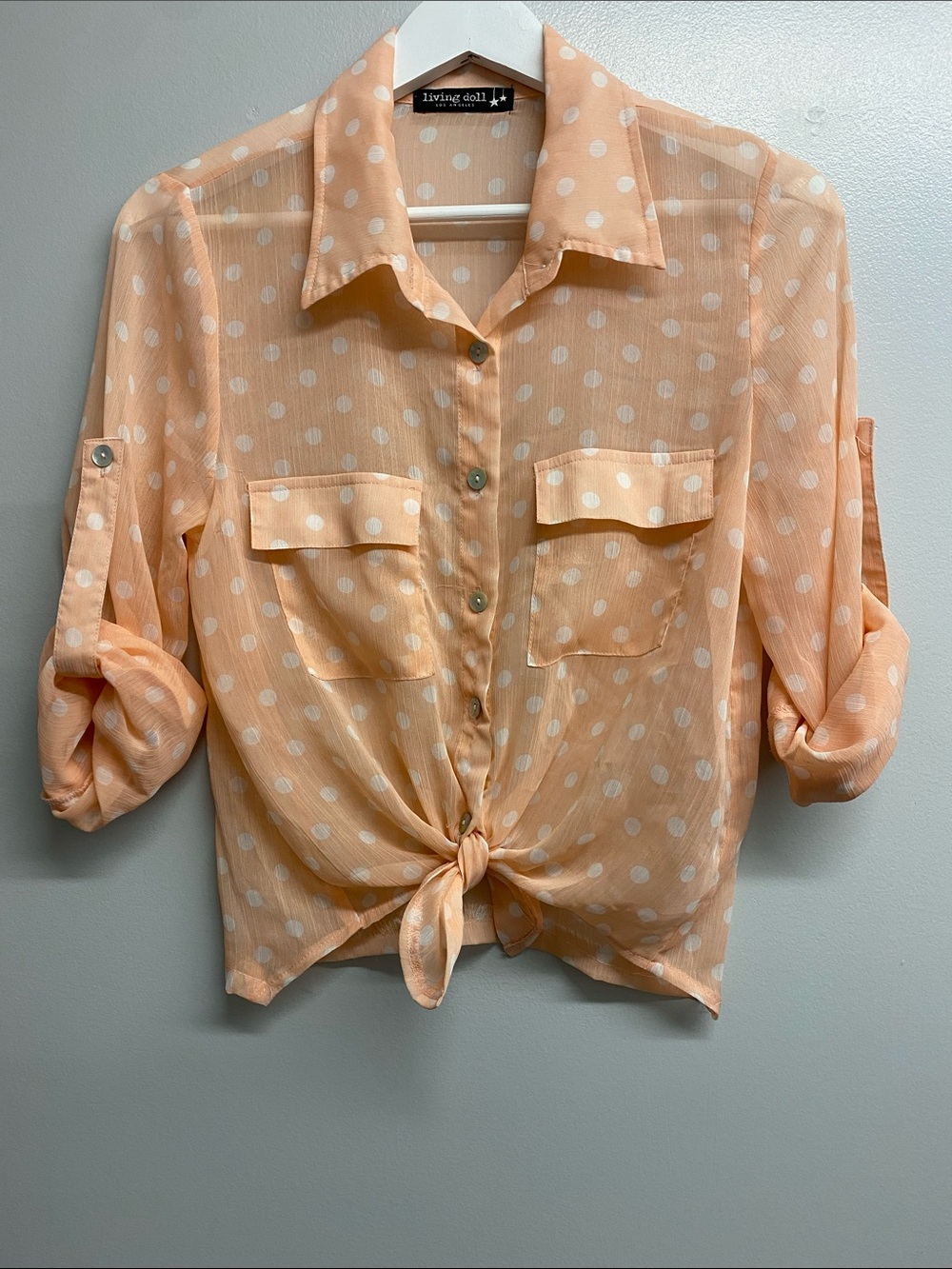 living doll Peach Polka Dot Tie-Front Blouse
